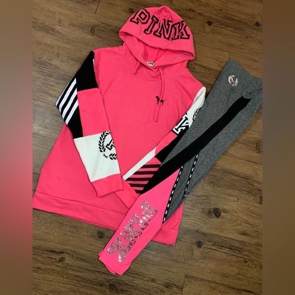 PINK VS COLORBLOCK NEON CAMPUS CROSSOVER HOODIE / BLING LEGGINGS OUTFIT S - Picture 3 of 13